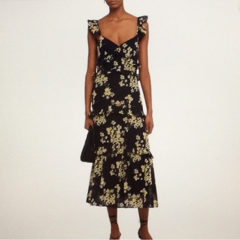 O.P.T Ingrid Dress Floral Navy Blue and Yellow Ruffle Tiered Midi Size M
